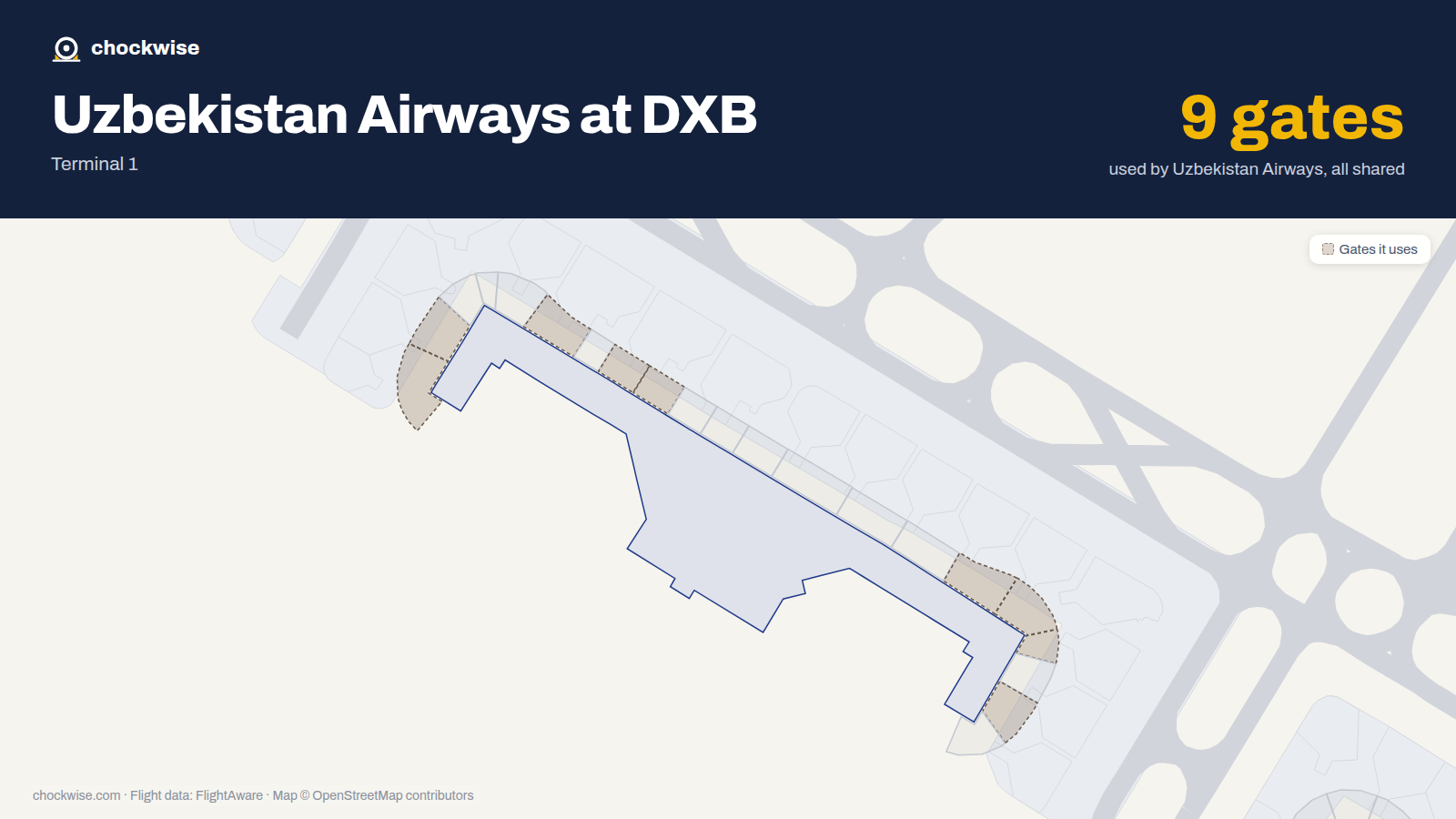 Map of DXB with the gates Uzbekistan Airways uses highlighted: D1, D2, D6, D8, D9, D16, D17, D18 and 2 more.