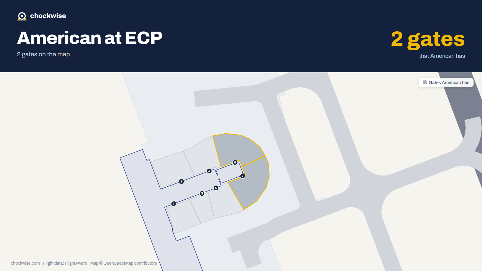 Map of ECP with the gates American Airlines uses highlighted: 6 and 7.
