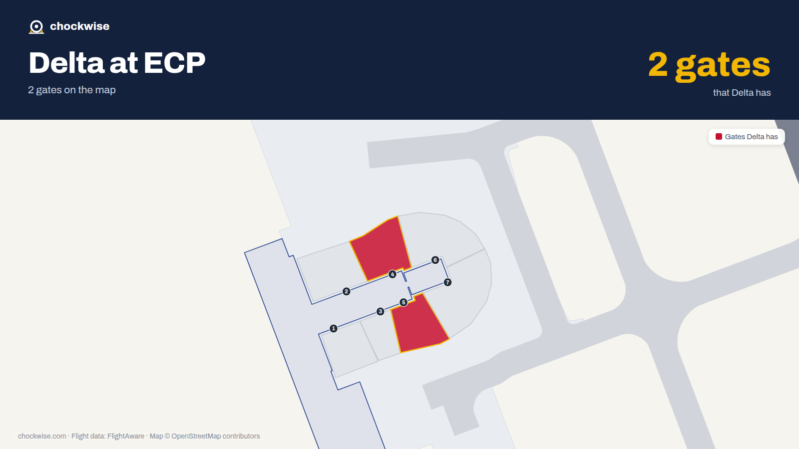 Map of ECP with the gates Delta Air Lines uses highlighted: 4 and 5.