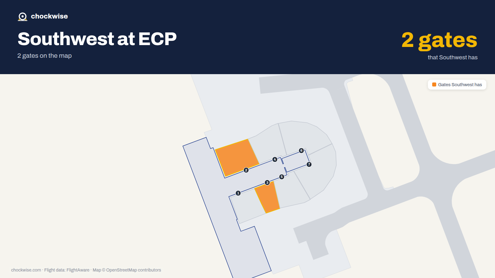 Map of ECP with the gates Southwest Airlines uses highlighted: 2 and 3.