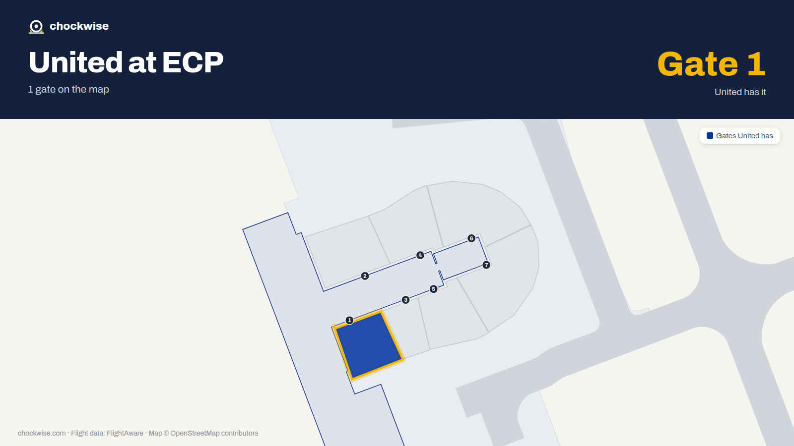 Map of ECP with the gates United Airlines uses highlighted: 1.