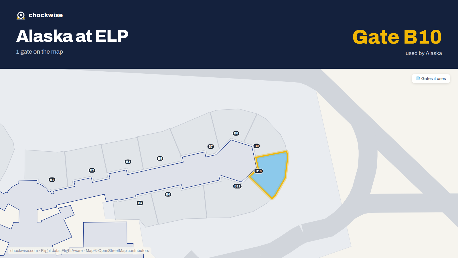 Map of ELP with the gates Alaska Airlines uses highlighted: B10.