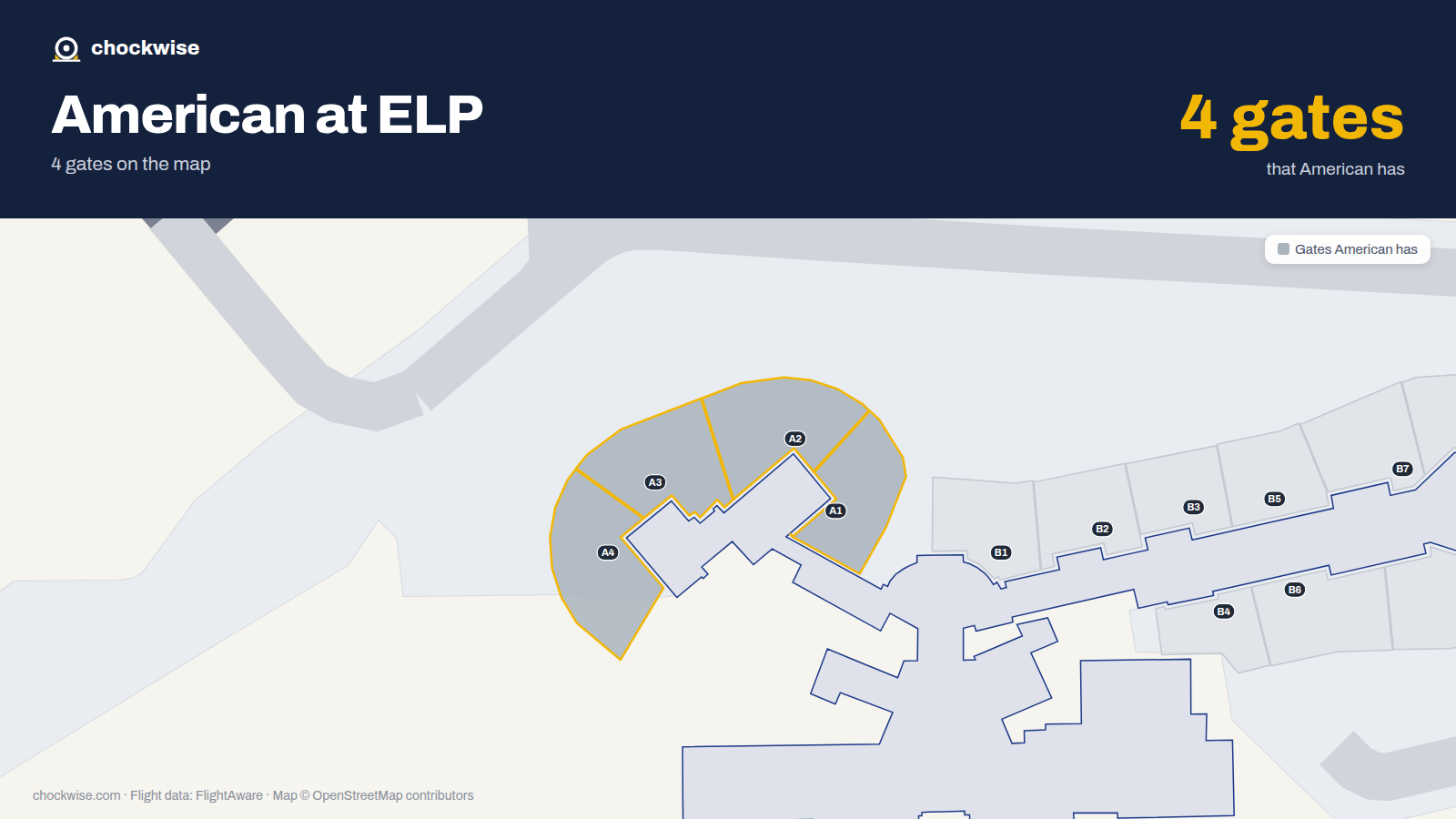 Map of ELP with the gates American Airlines uses highlighted: A1, A2, A3 and A4.