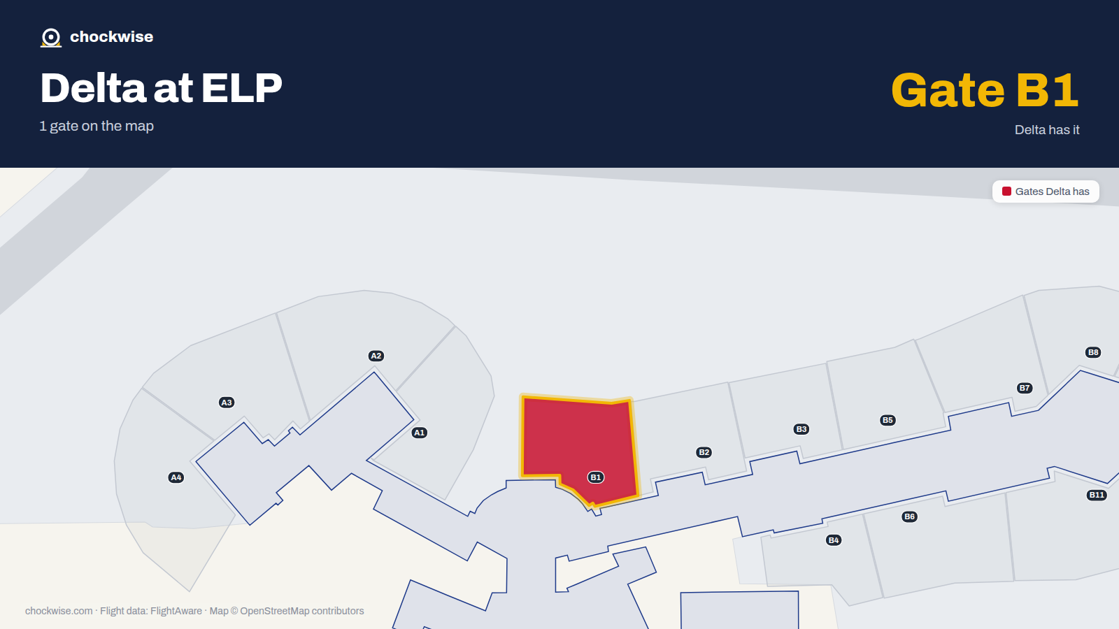 Map of ELP with the gates Delta Air Lines uses highlighted: B1.