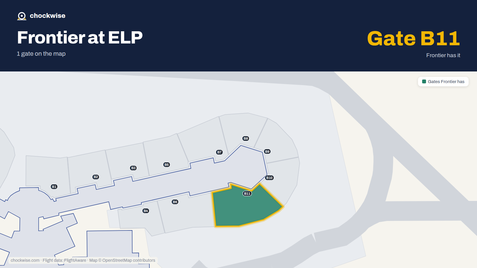 Map of ELP with the gates Frontier Airlines uses highlighted: B11.