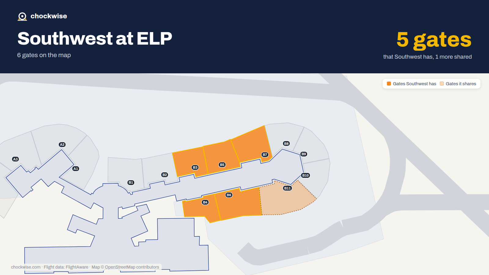Map of ELP with the gates Southwest Airlines uses highlighted: B3, B4, B5, B6 and B7.