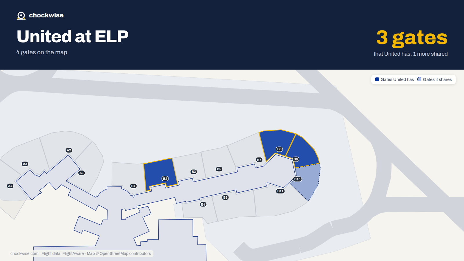 Map of ELP with the gates United Airlines uses highlighted: B2, B8 and B9.
