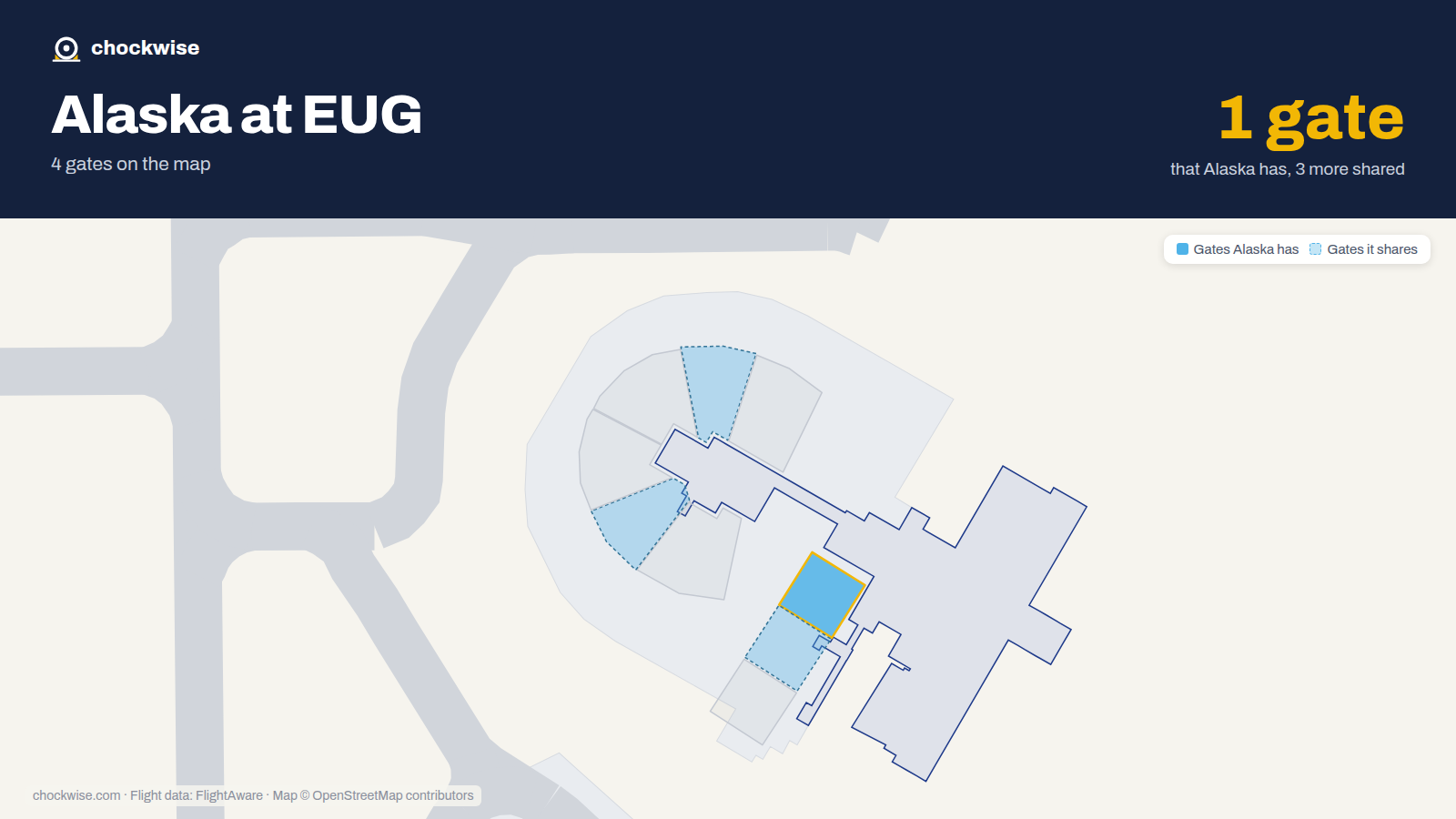 Map of EUG with the gates Alaska Airlines uses highlighted: B1.