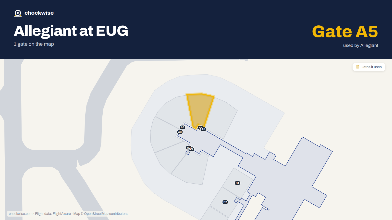 Map of EUG with the gates Allegiant Air uses highlighted: A5.
