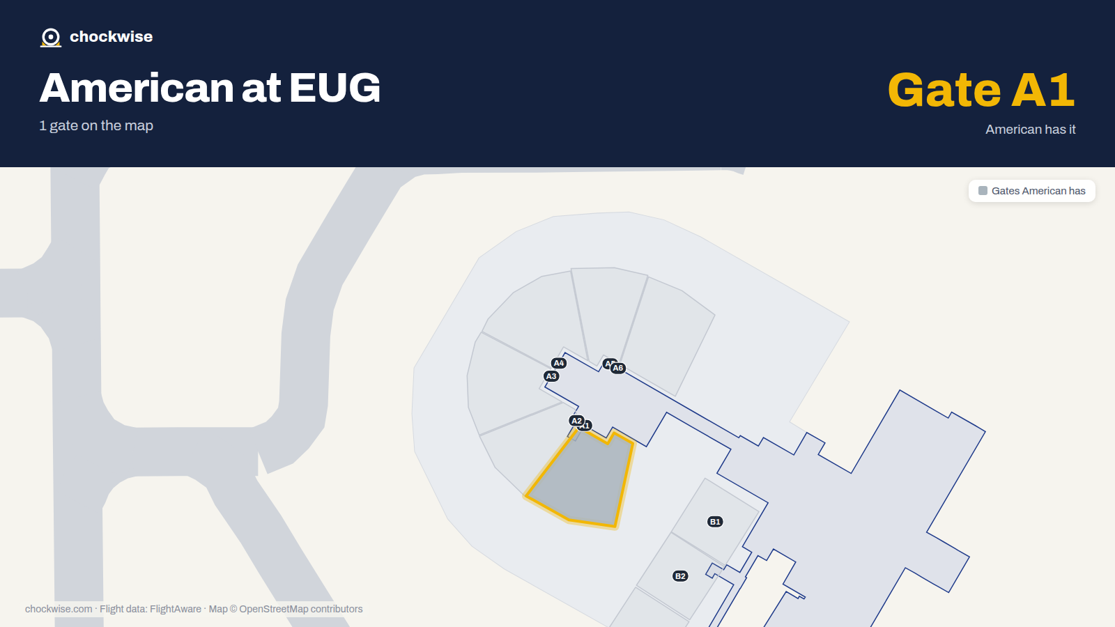 Map of EUG with the gates American Airlines uses highlighted: A1.