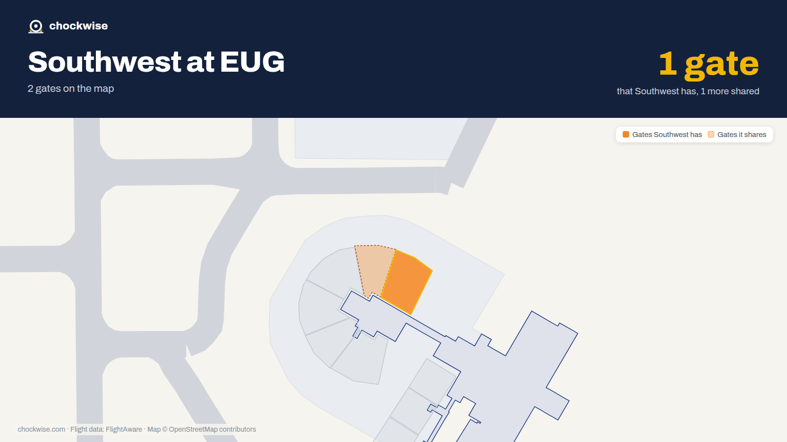 Map of EUG with the gates Southwest Airlines uses highlighted: A6.