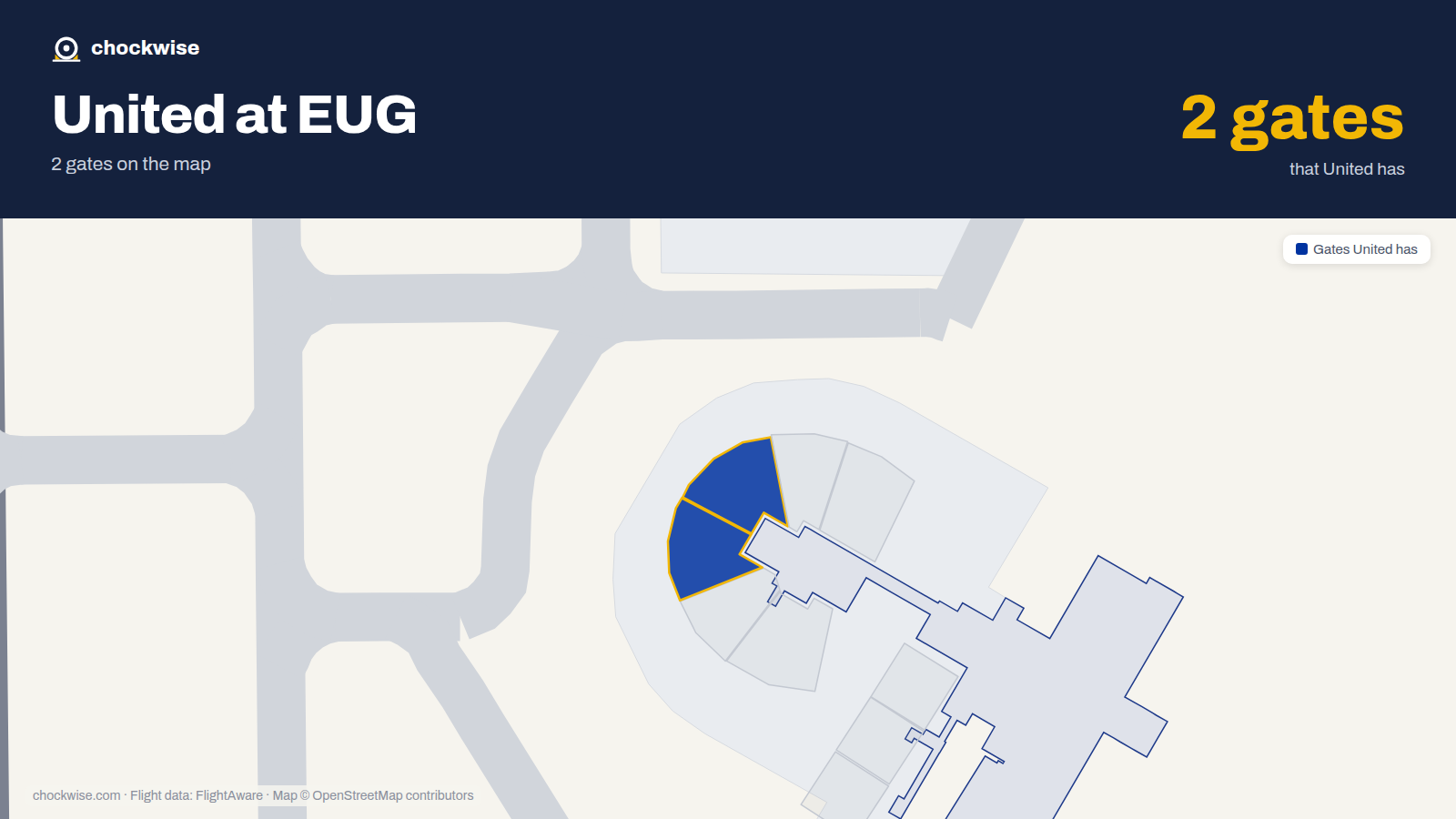 Map of EUG with the gates United Airlines uses highlighted: A3 and A4.