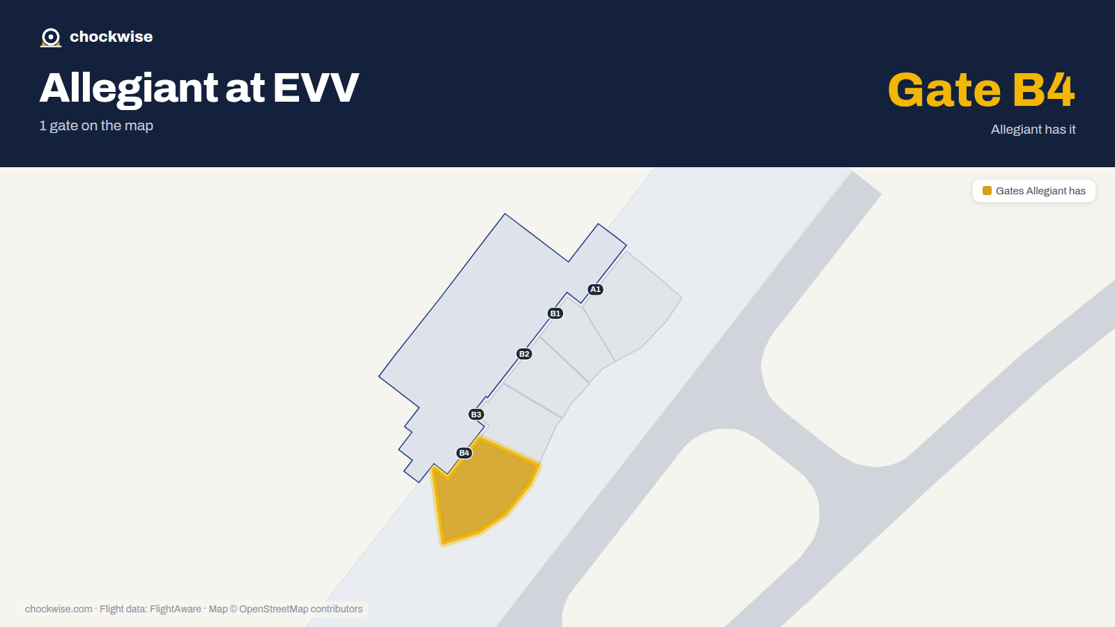 Map of EVV with the gates Allegiant Air uses highlighted: B4.