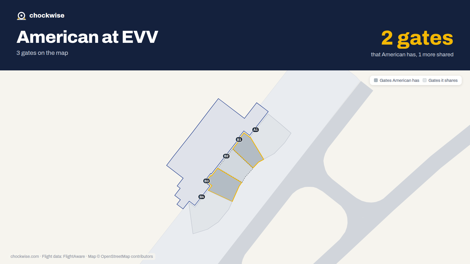 Map of EVV with the gates American Airlines uses highlighted: B1 and B3.