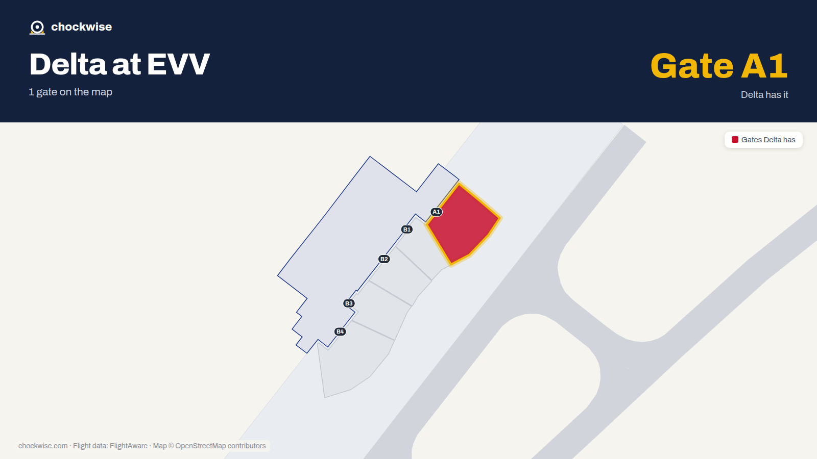 Map of EVV with the gates Delta Air Lines uses highlighted: A1.
