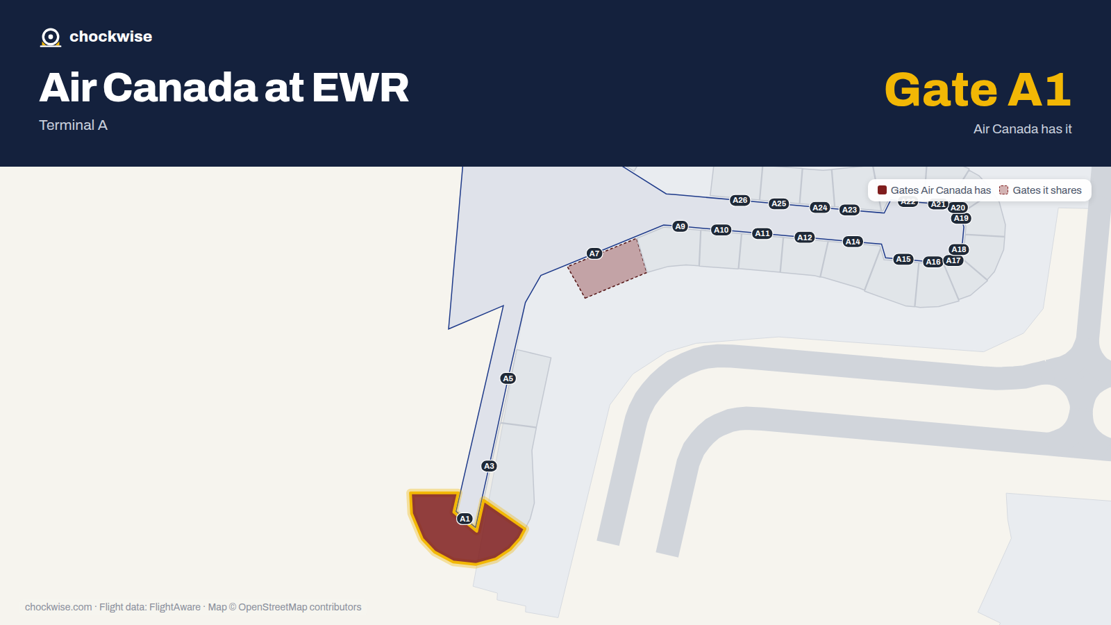 Map of EWR with the gates Air Canada uses highlighted: A1.