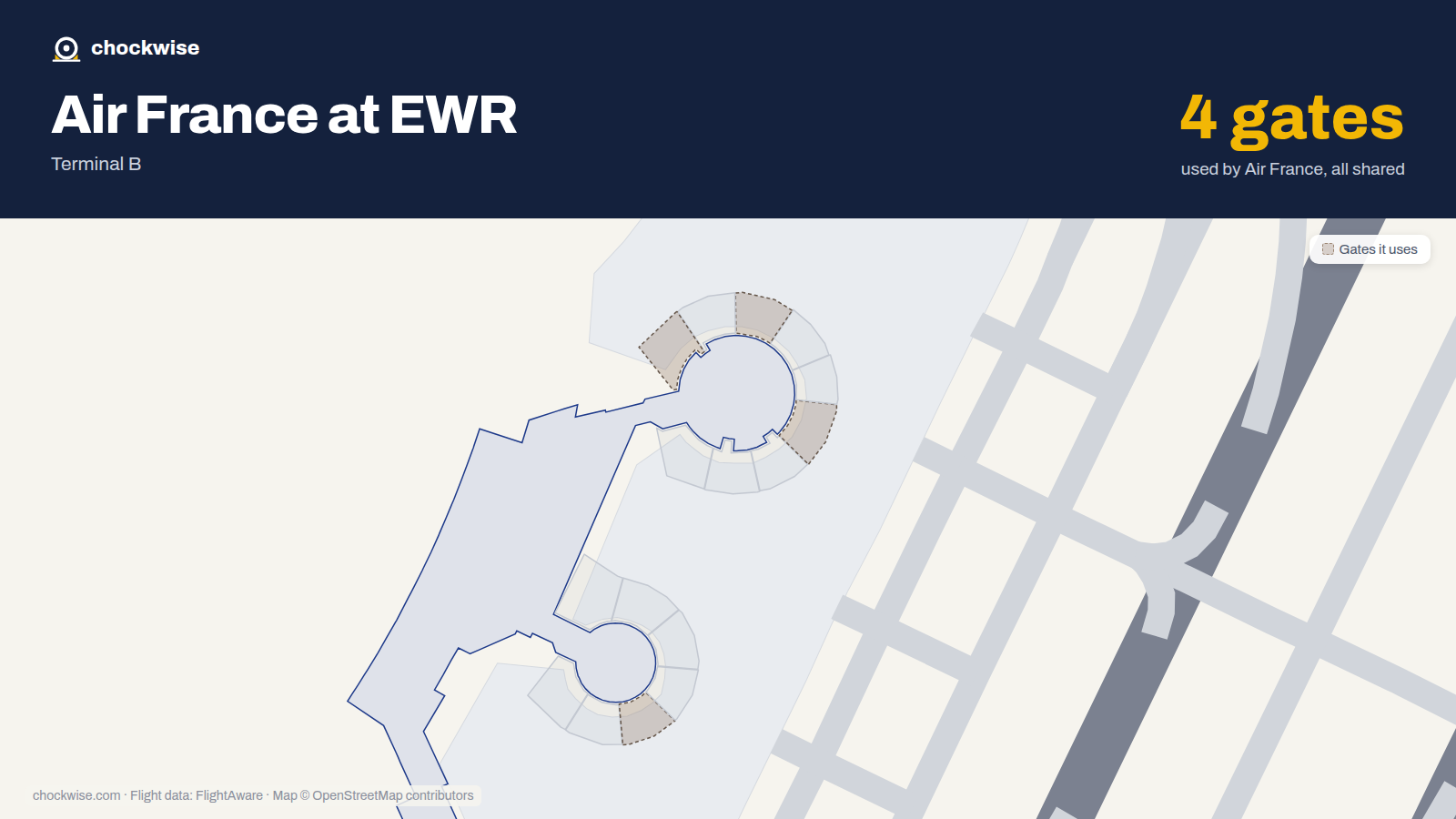 Map of EWR with the gates Air France uses highlighted: B53, B63, B66 and B68.
