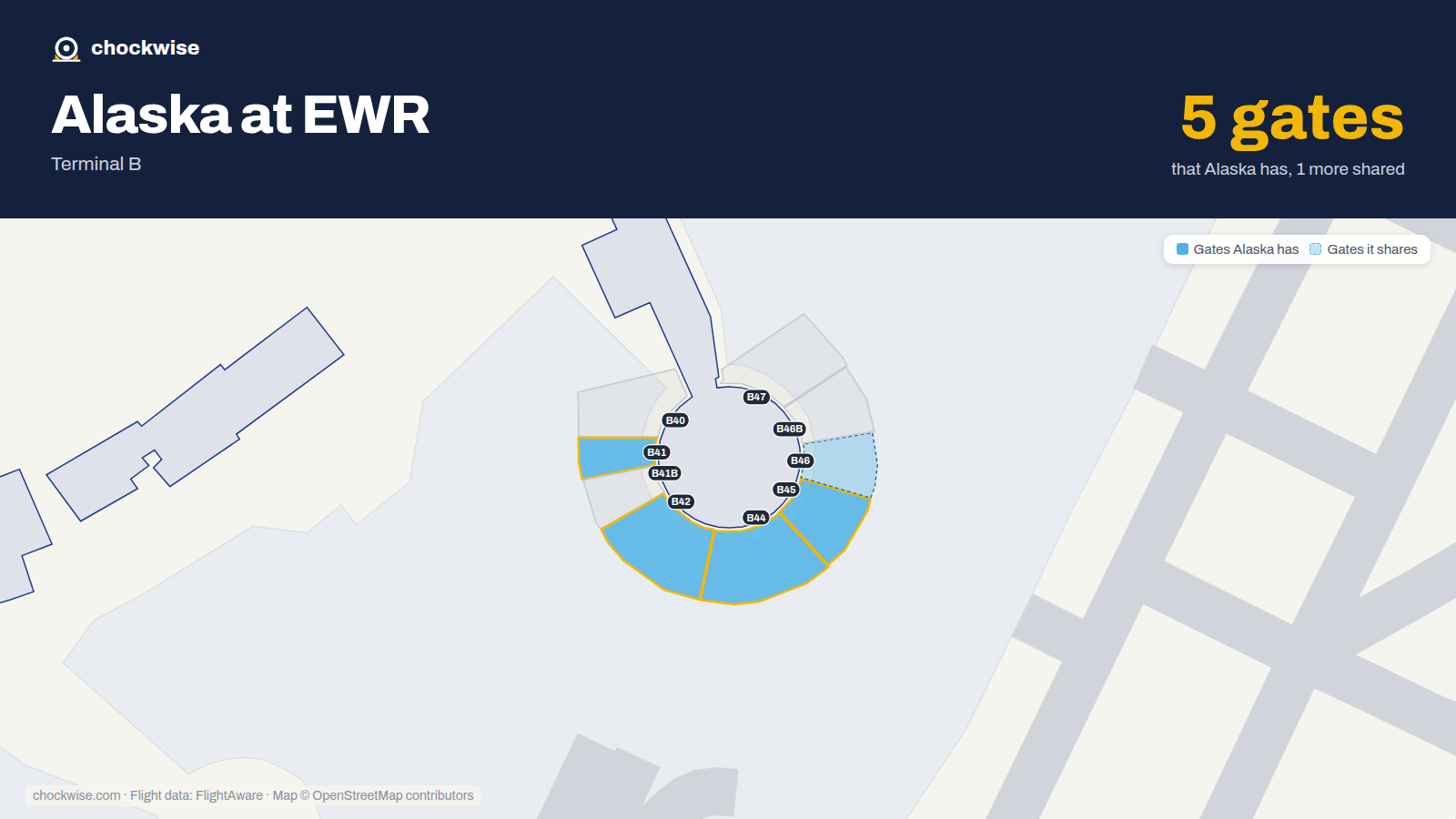 Map of EWR with the gates Alaska Airlines uses highlighted: B41, B42, B44 and B45.