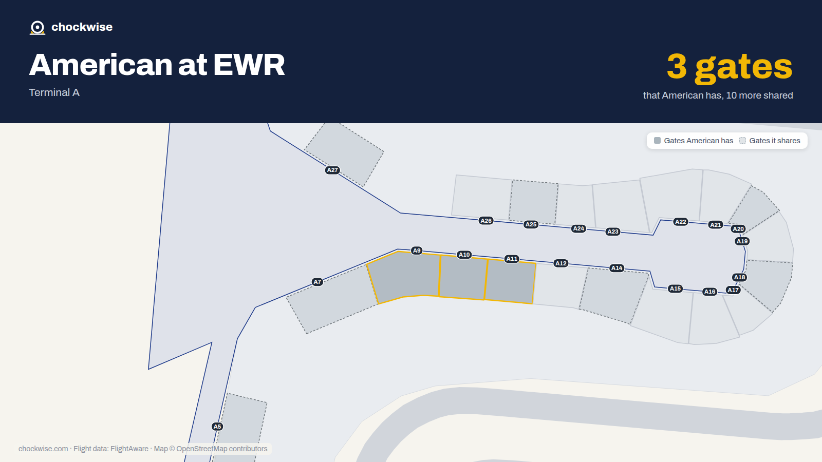Map of EWR with the gates American Airlines uses highlighted: A9, A10 and A11.