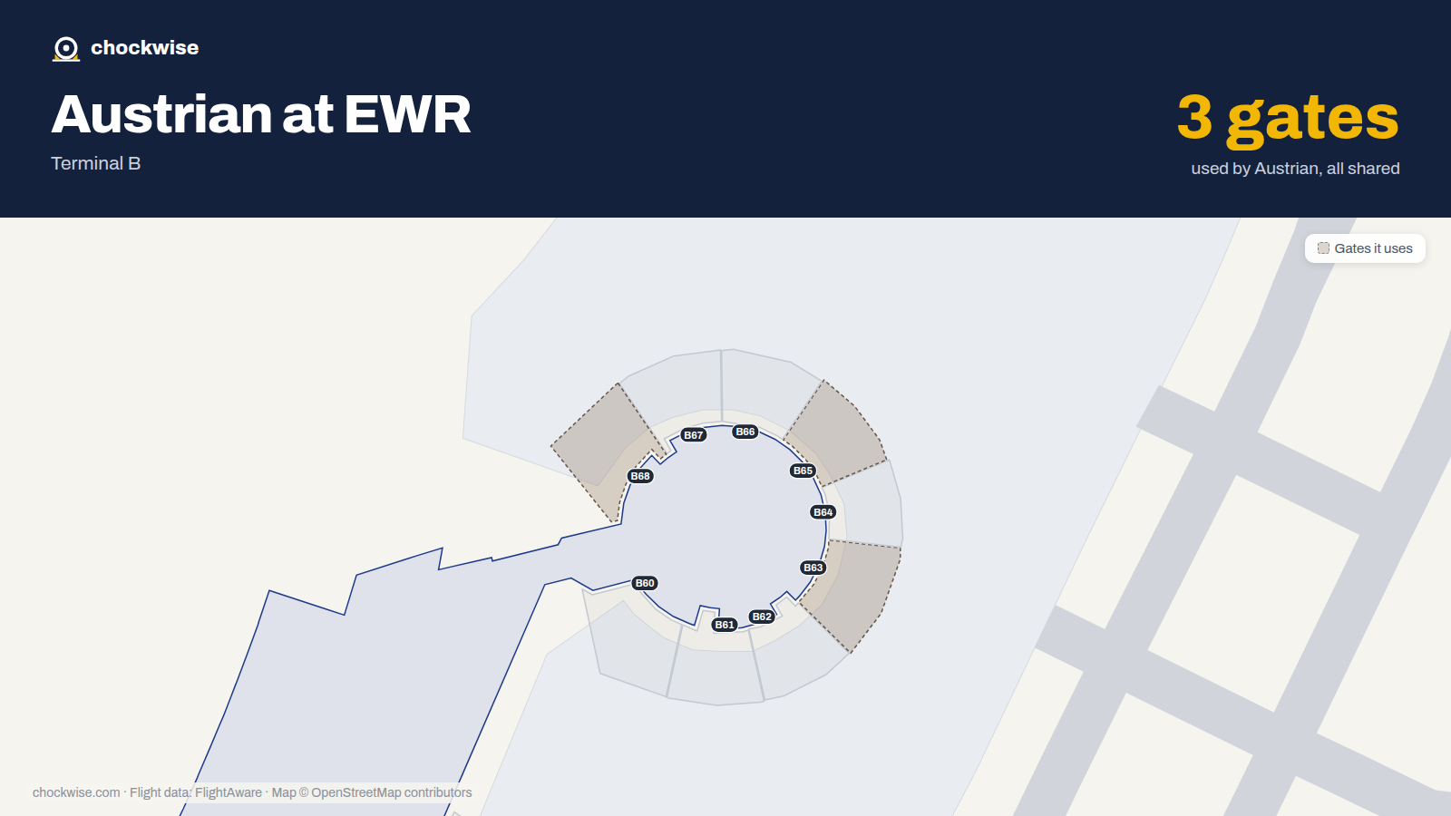Map of EWR with the gates Austrian Airlines uses highlighted: B63, B65 and B68.
