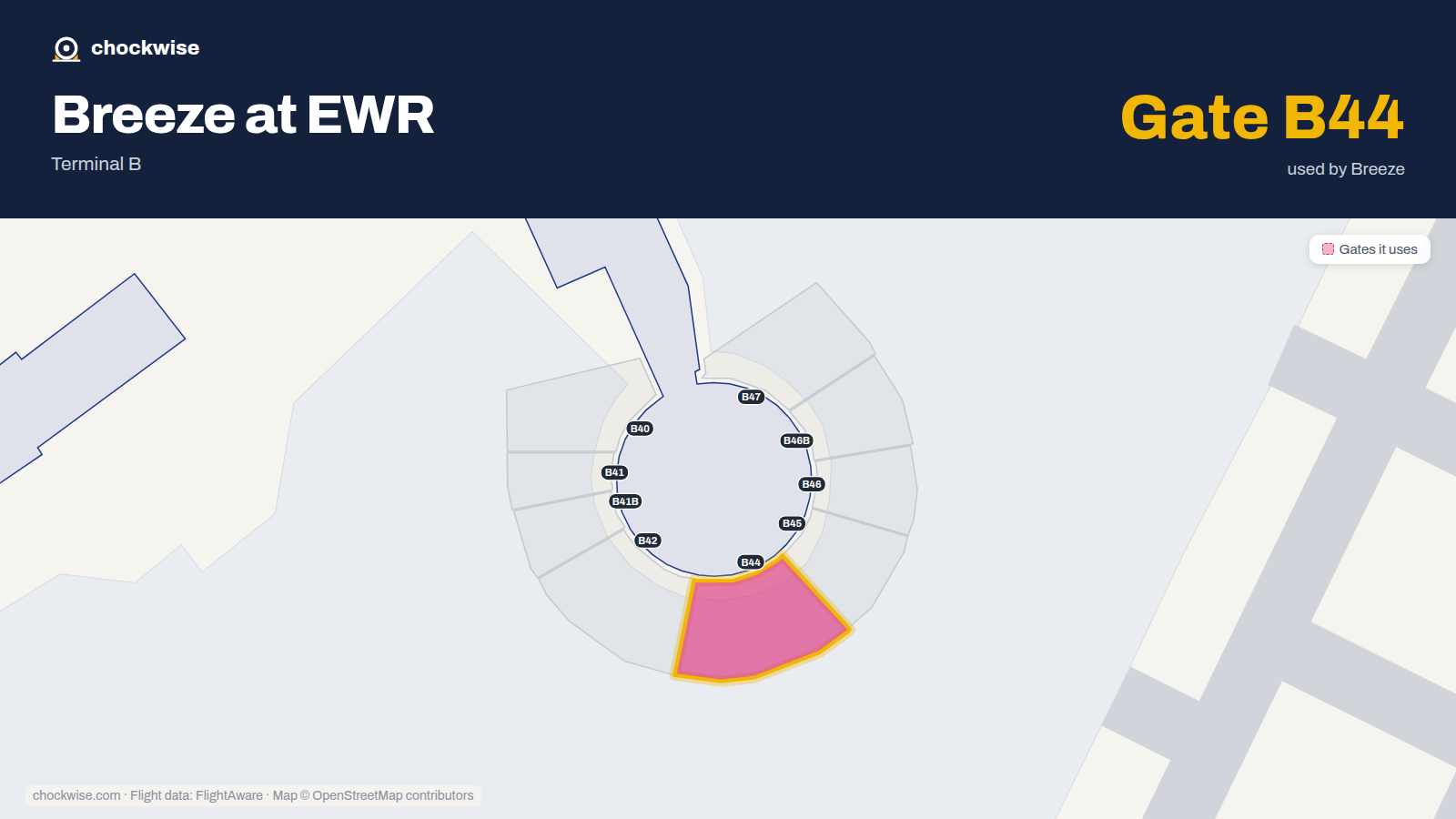 Map of EWR with the gates Breeze Airways uses highlighted: B44.