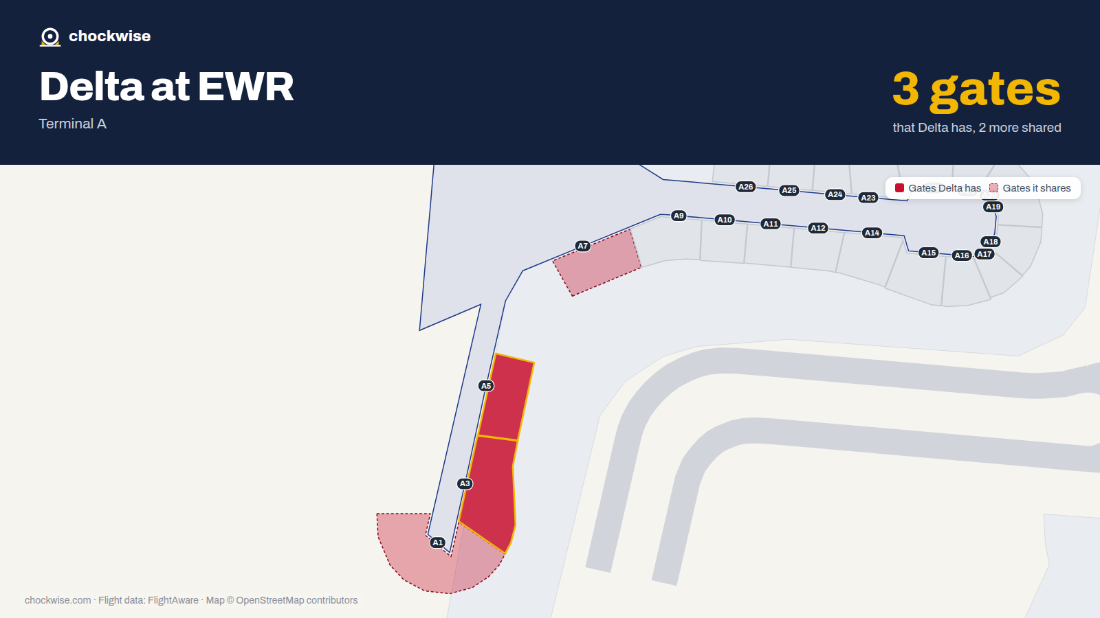 Map of EWR with the gates Delta Air Lines uses highlighted: A3 and A5.