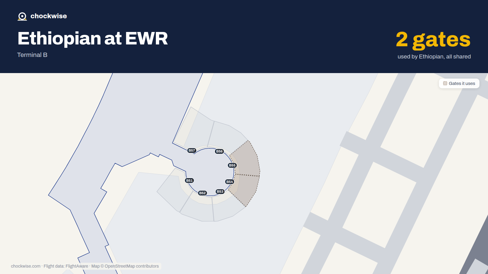 Map of EWR with the gates Ethiopian Airlines uses highlighted: B54 and B55.