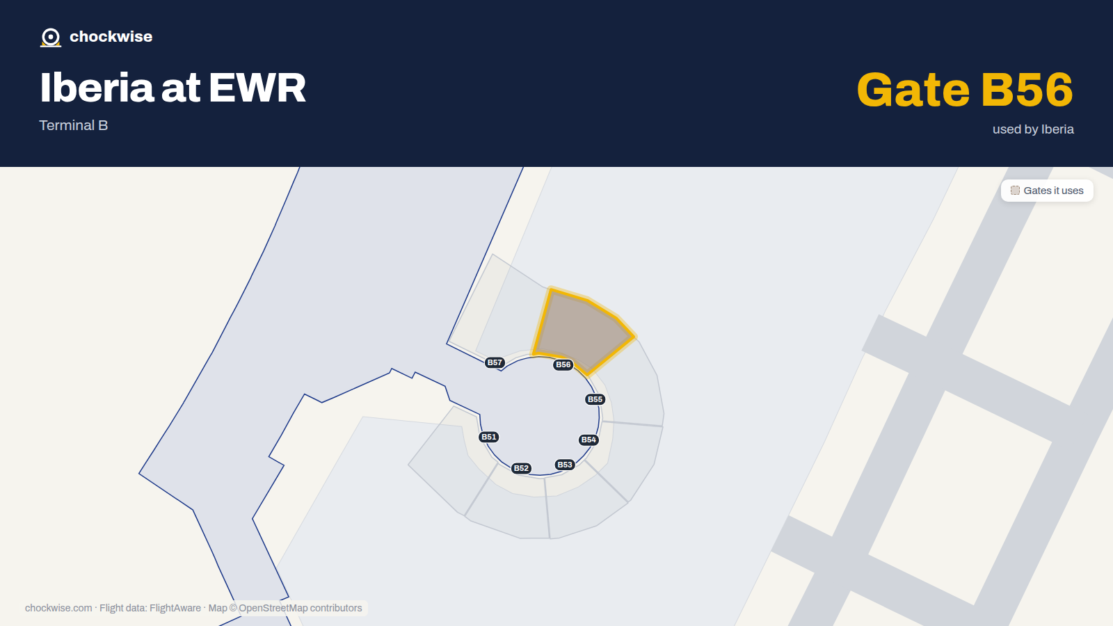 Map of EWR with the gates Iberia uses highlighted: B56.