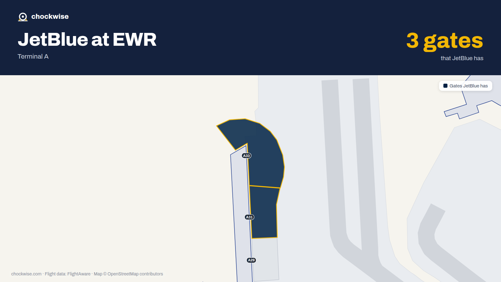 Map of EWR with the gates JetBlue uses highlighted: A31 and A33.