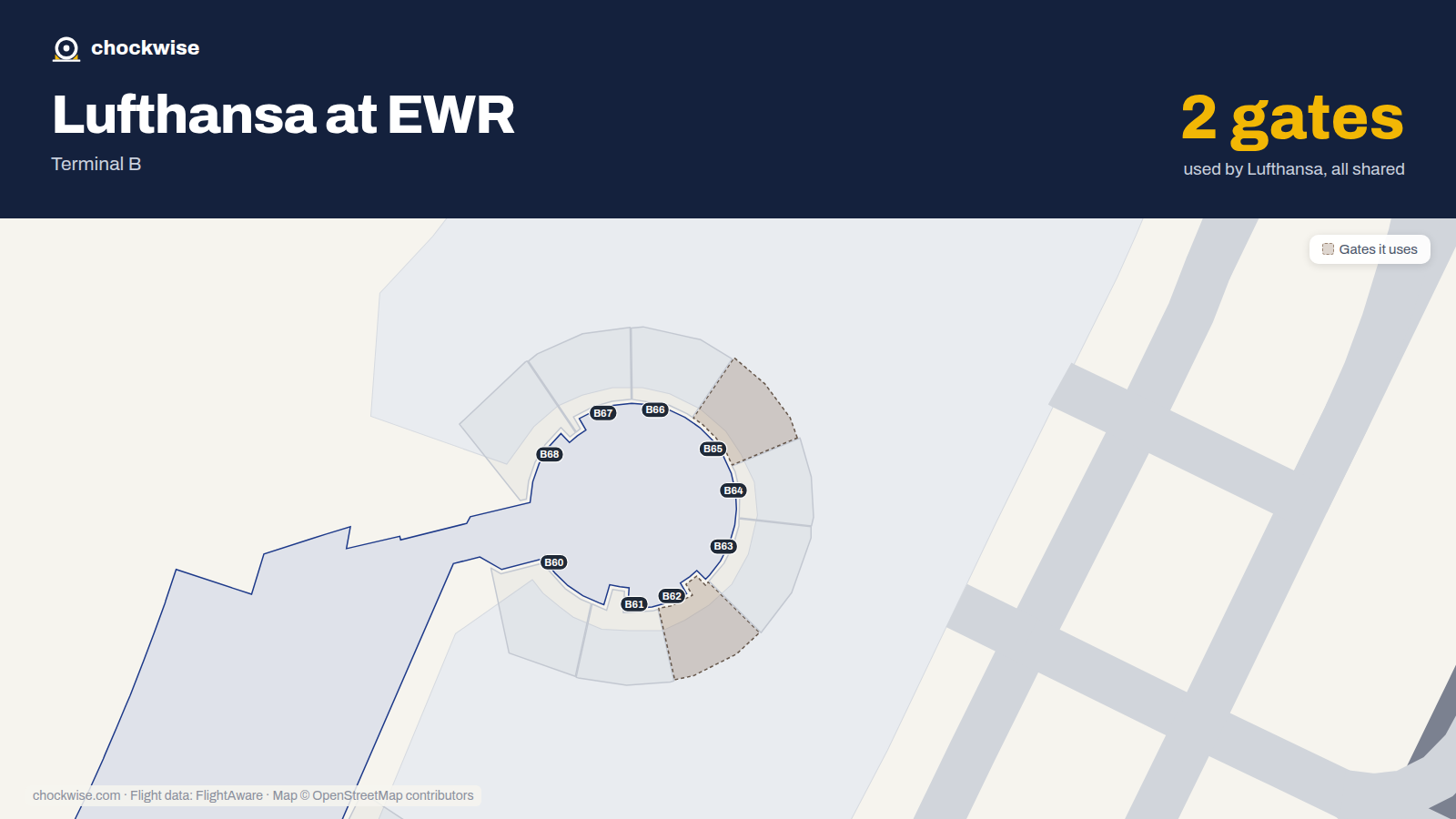 Map of EWR with the gates Lufthansa uses highlighted: B62 and B65.