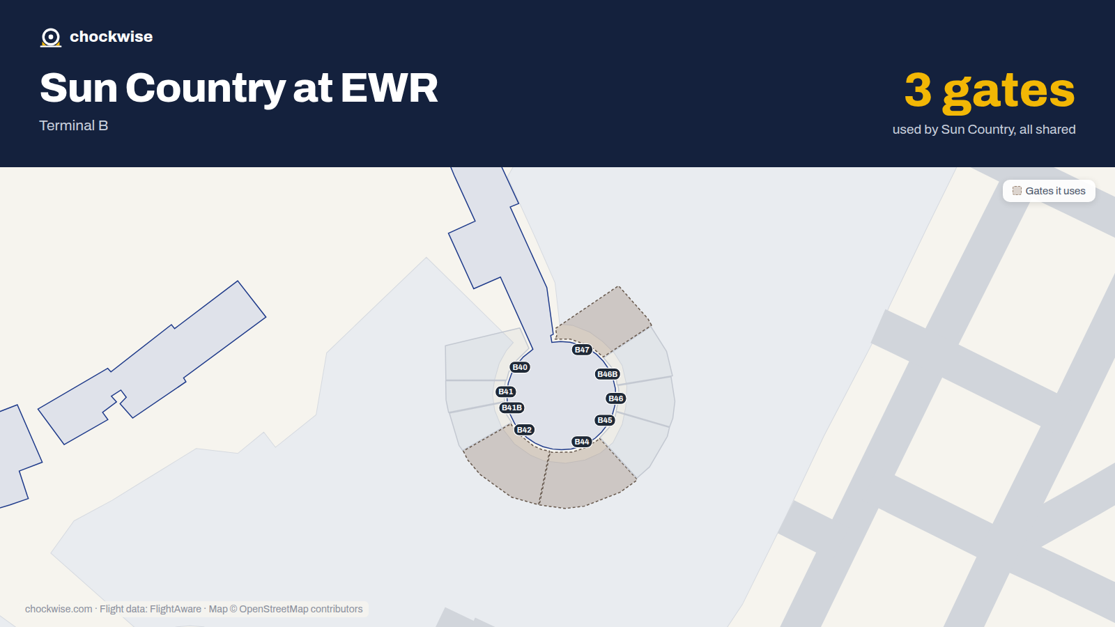 Map of EWR with the gates Sun Country Airlines uses highlighted: B42, B44 and B47.