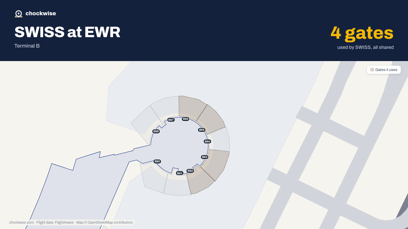 Map of EWR with the gates SWISS uses highlighted: B62, B63, B65 and B66.