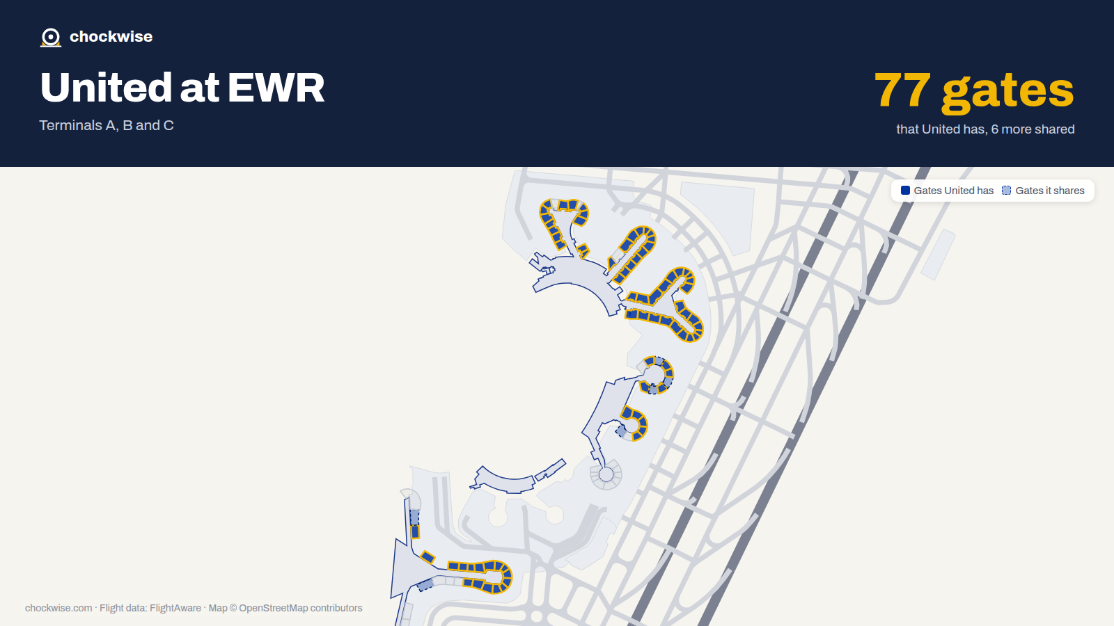 Map of EWR with the gates United Airlines uses highlighted: A12, A14, A15, A16, A17, A18, A19, A20 and 68 more.