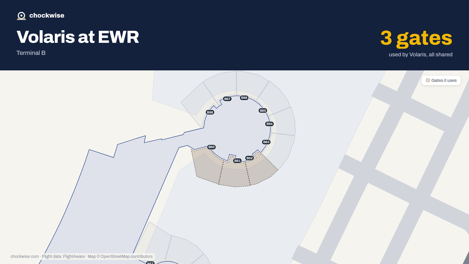 Map of EWR with the gates Volaris uses highlighted: B60, B61 and B62.
