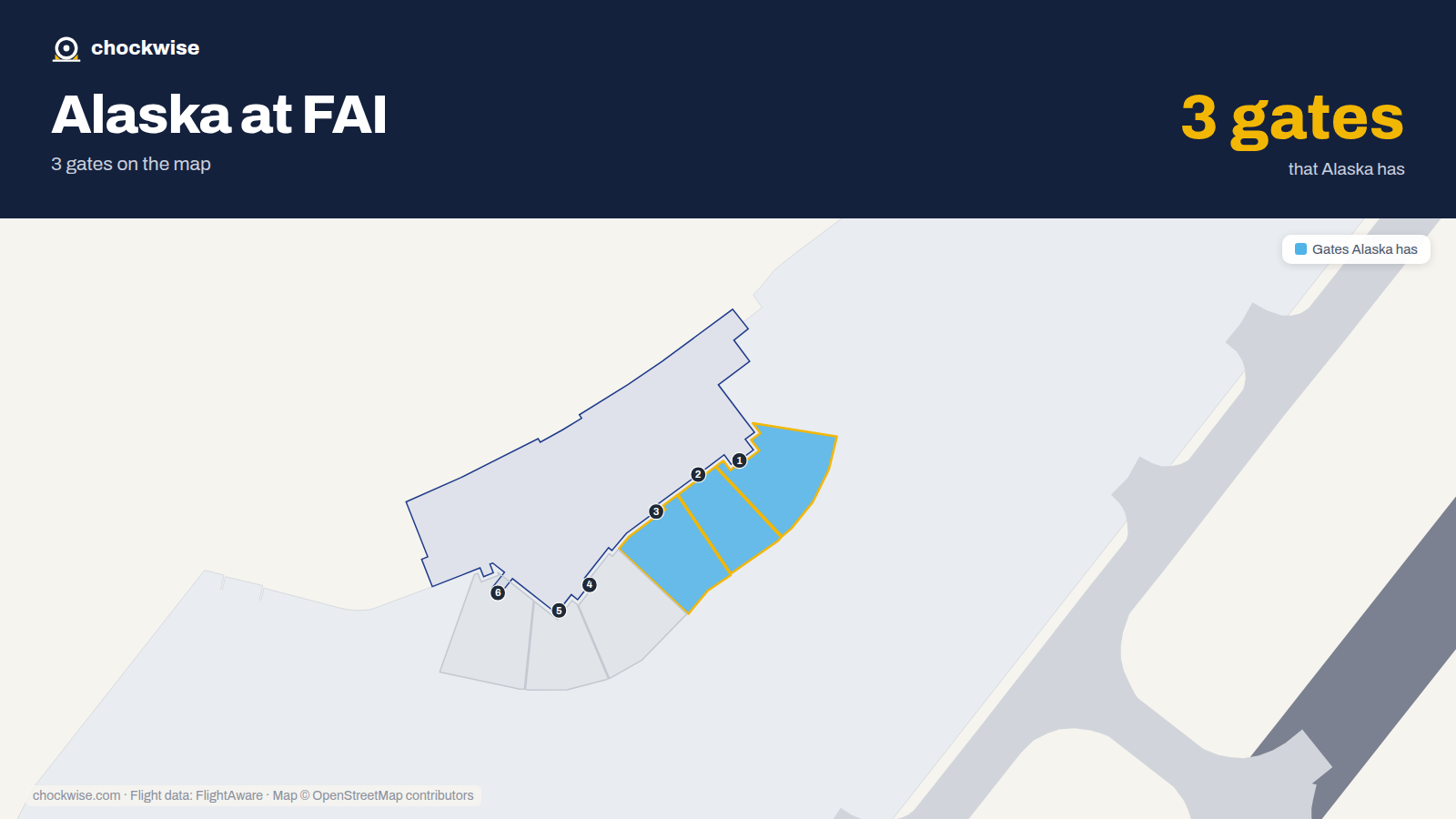 Map of FAI with the gates Alaska Airlines uses highlighted: 1, 2 and 3.