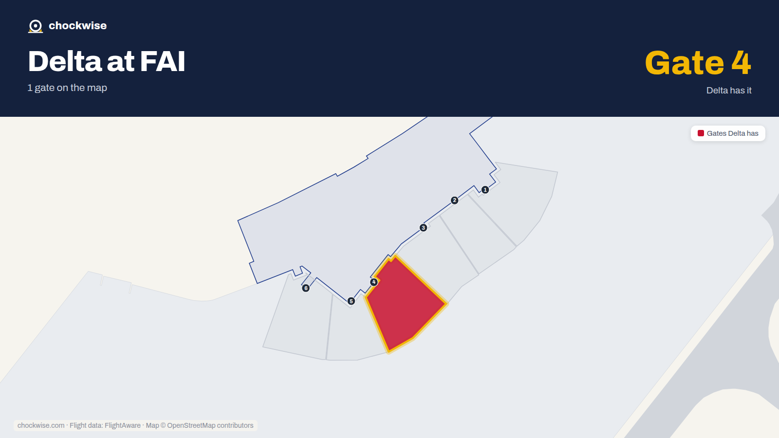 Map of FAI with the gates Delta Air Lines uses highlighted: 4.