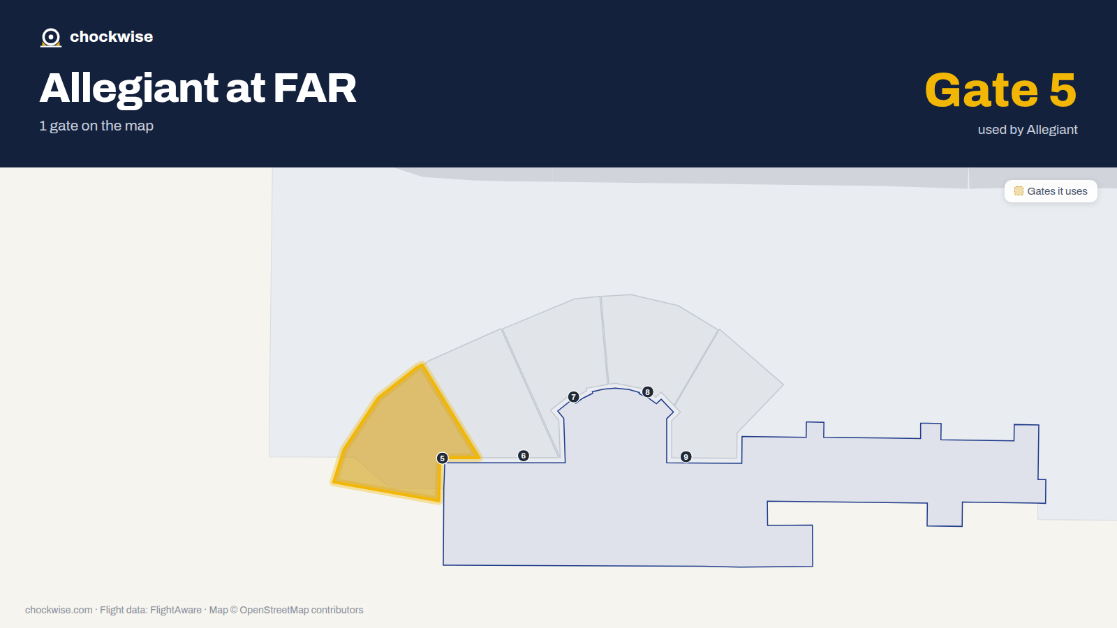 Map of FAR with the gates Allegiant Air uses highlighted: 5.