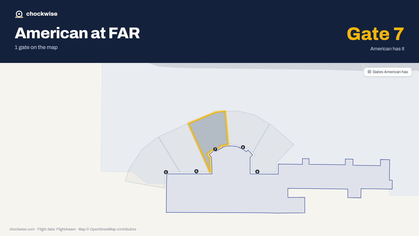 Map of FAR with the gates American Airlines uses highlighted: 7.