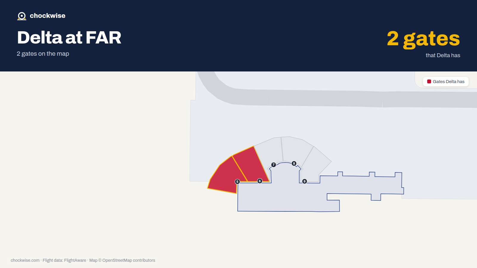 Map of FAR with the gates Delta Air Lines uses highlighted: 5 and 6.