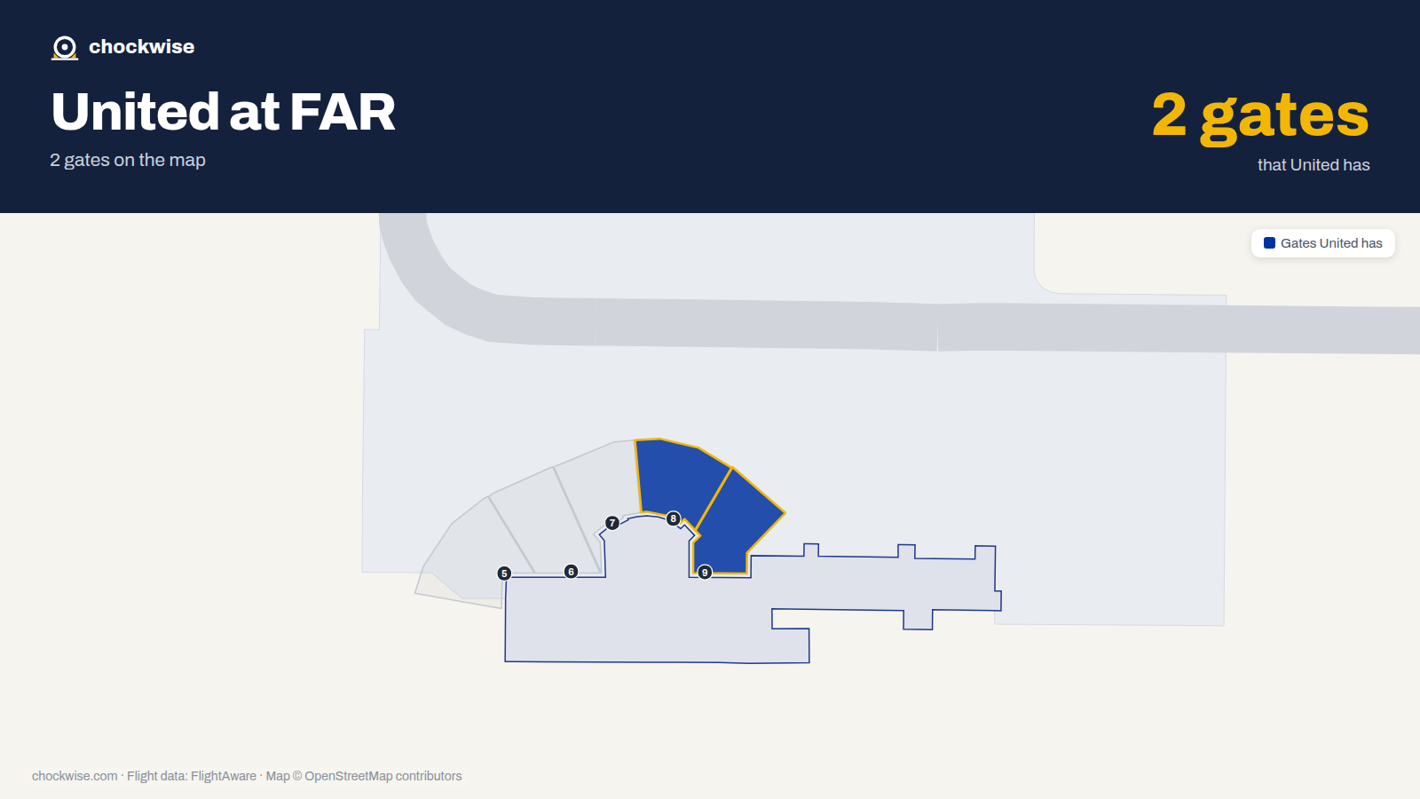 Map of FAR with the gates United Airlines uses highlighted: 8 and 9.