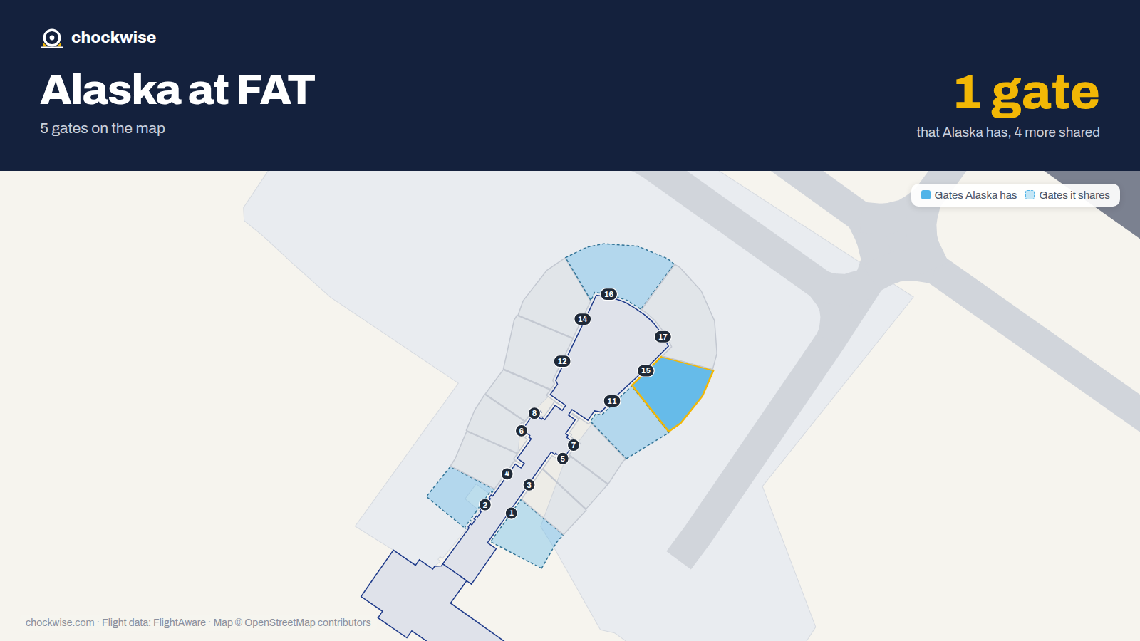 Map of FAT with the gates Alaska Airlines uses highlighted: 15.