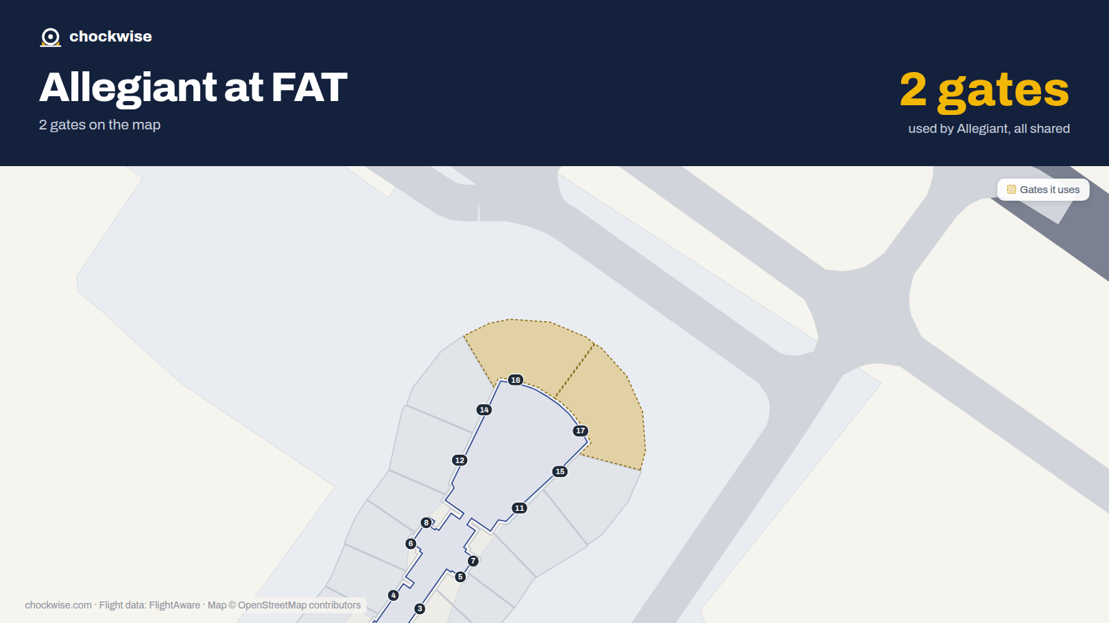 Map of FAT with the gates Allegiant Air uses highlighted: 16 and 17.