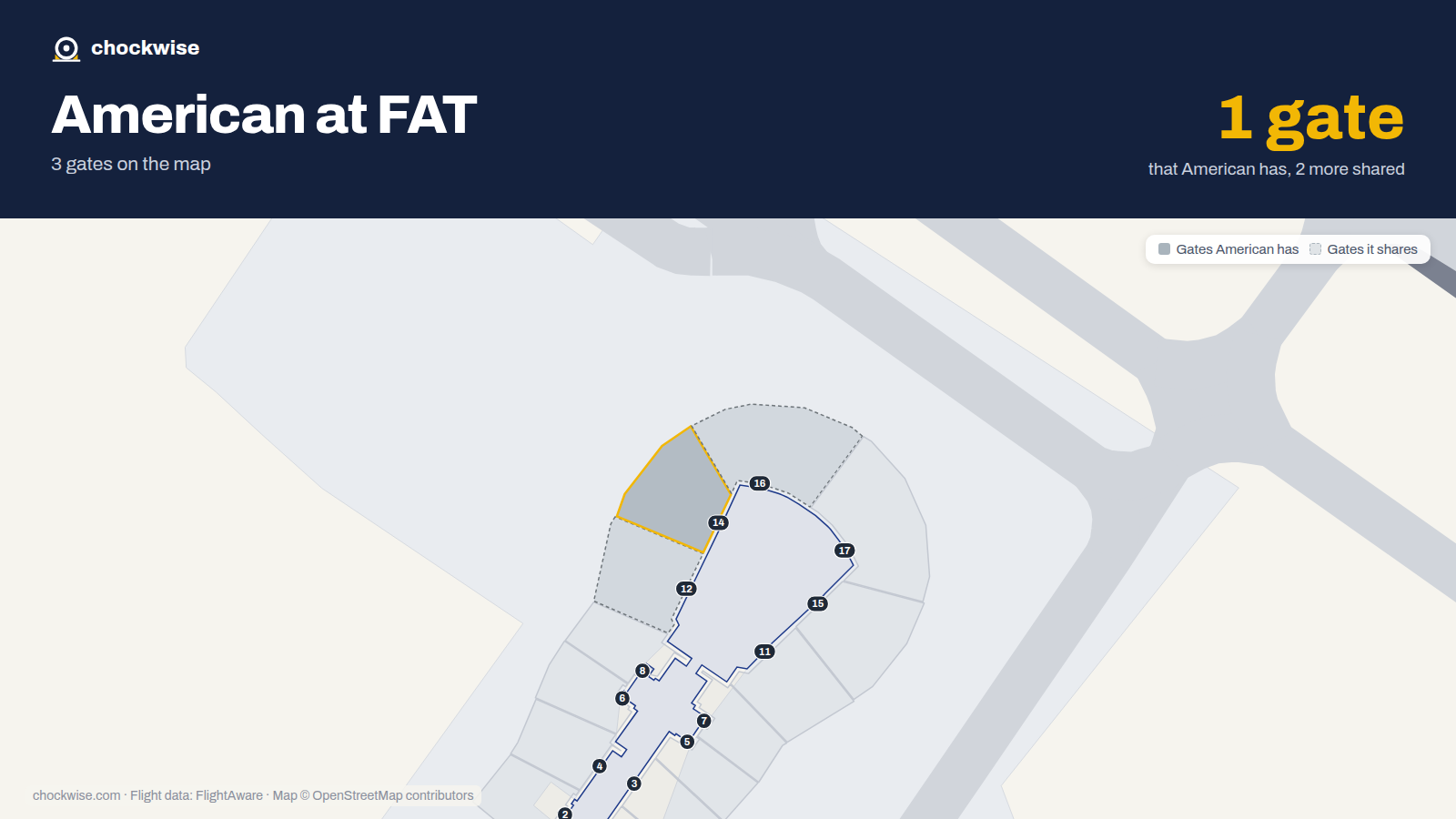 Map of FAT with the gates American Airlines uses highlighted: 14.