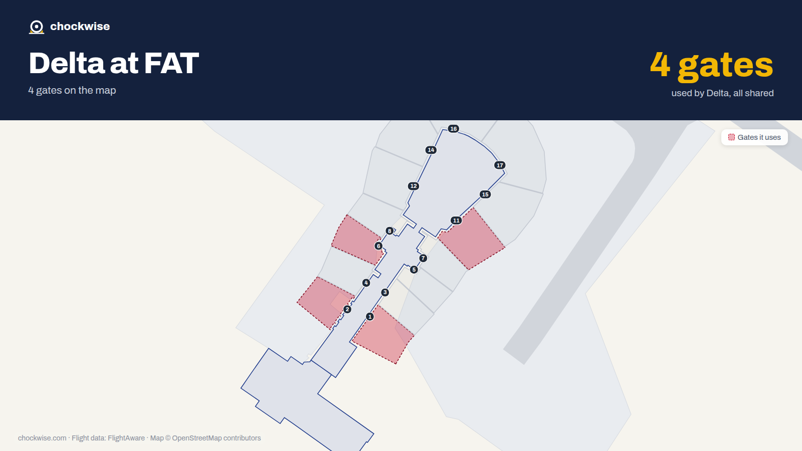 Map of FAT with the gates Delta Air Lines uses highlighted: 1, 2, 6 and 11.