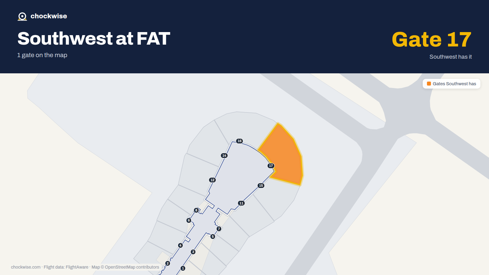 Map of FAT with the gates Southwest Airlines uses highlighted: 17.