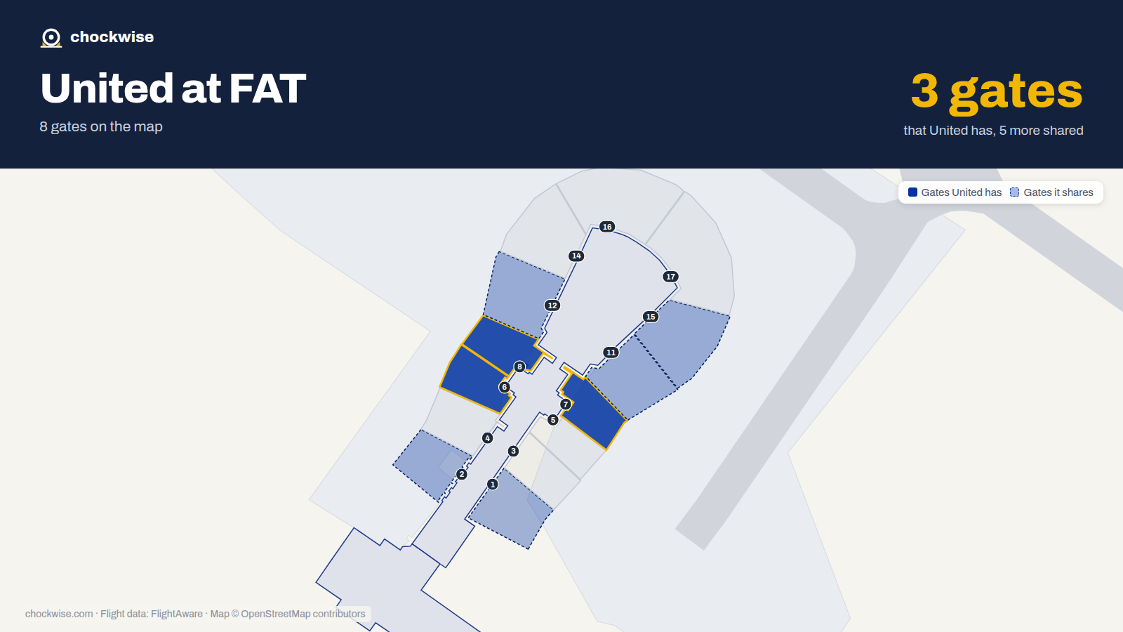 Map of FAT with the gates United Airlines uses highlighted: 6, 7 and 8.