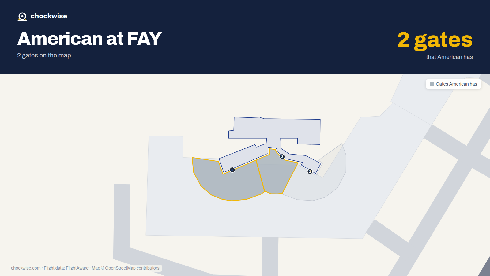 Map of FAY with the gates American Airlines uses highlighted: 3 and 6.