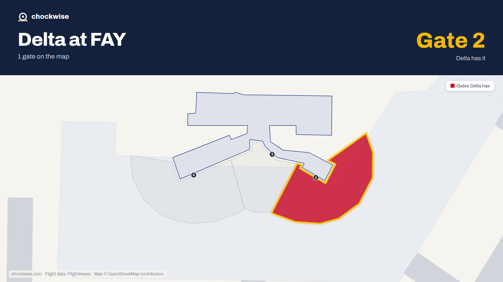 Map of FAY with the gates Delta Air Lines uses highlighted: 2.