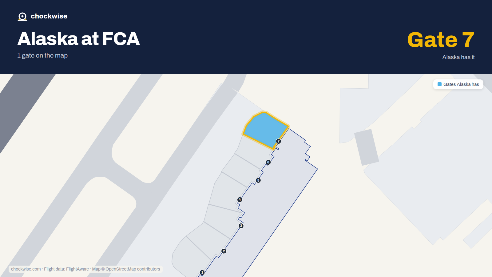 Map of FCA with the gates Alaska Airlines uses highlighted: 7.