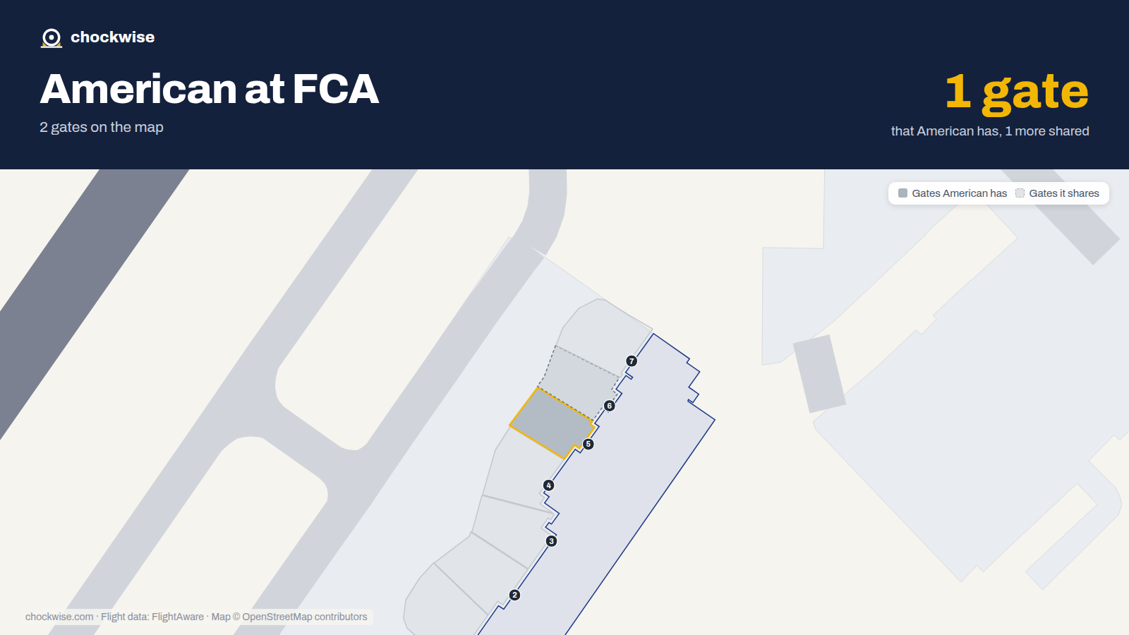 Map of FCA with the gates American Airlines uses highlighted: 5.